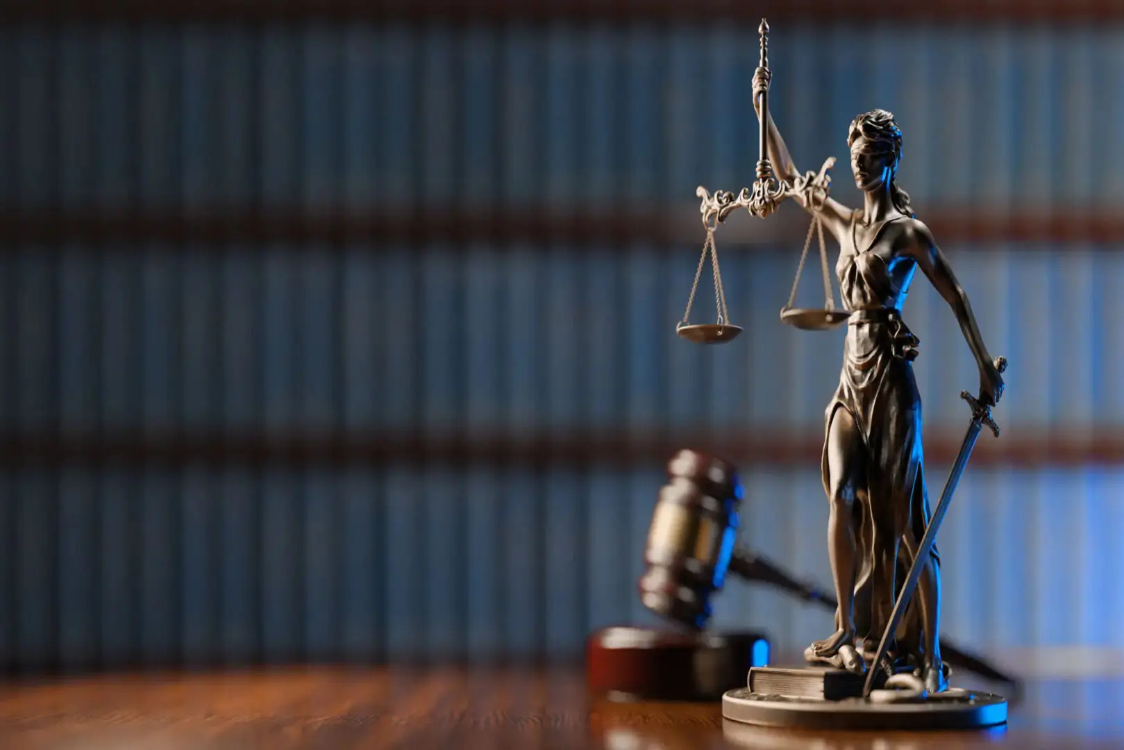 Statue of Lady Justice with gavel in the background.