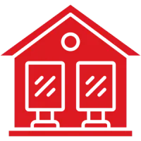 Red house icon with a triangular roof and two windows.