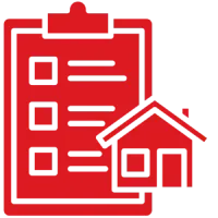 Red icon of a clipboard with a checklist and a house symbol.