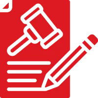 Icon of a gavel above a pen writing on paper, symbolizing legal documentation.