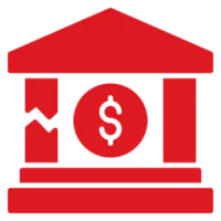 Red bank building icon with a dollar symbol.